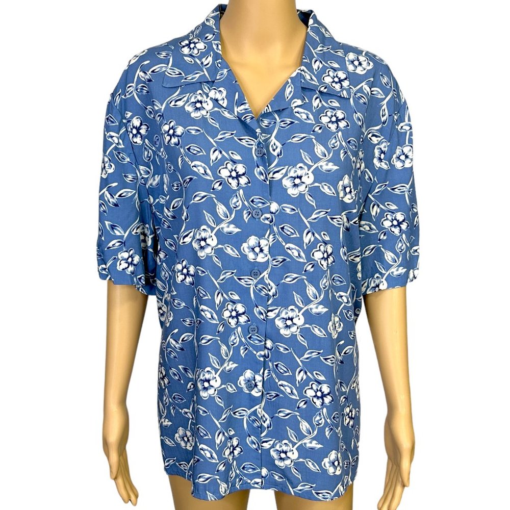 Leslie Fay Casual Womens 16 Blue Floral Short Sleeve Button Up Blouse Shirt‎